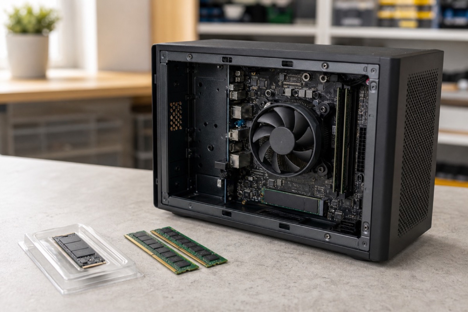 Desktop computer open for SSD and memory assessment at a repair workshop