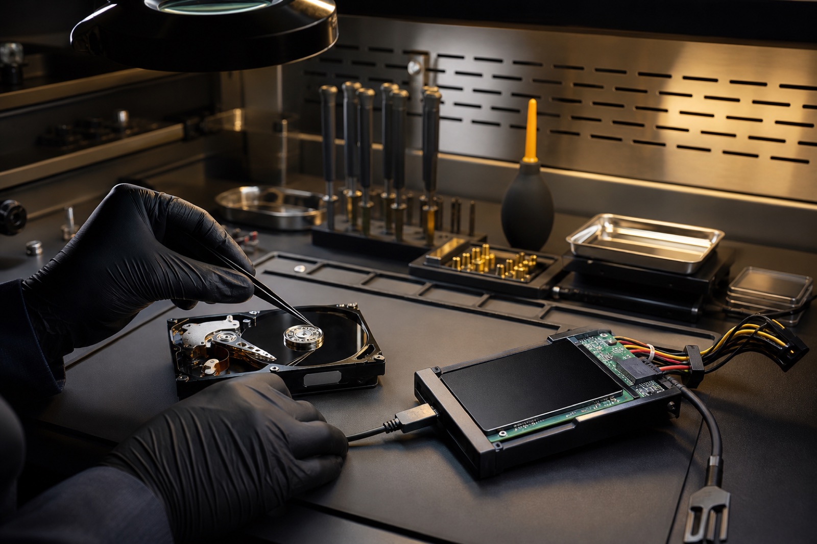 Data recovery technician imaging storage with professional diagnostic equipment