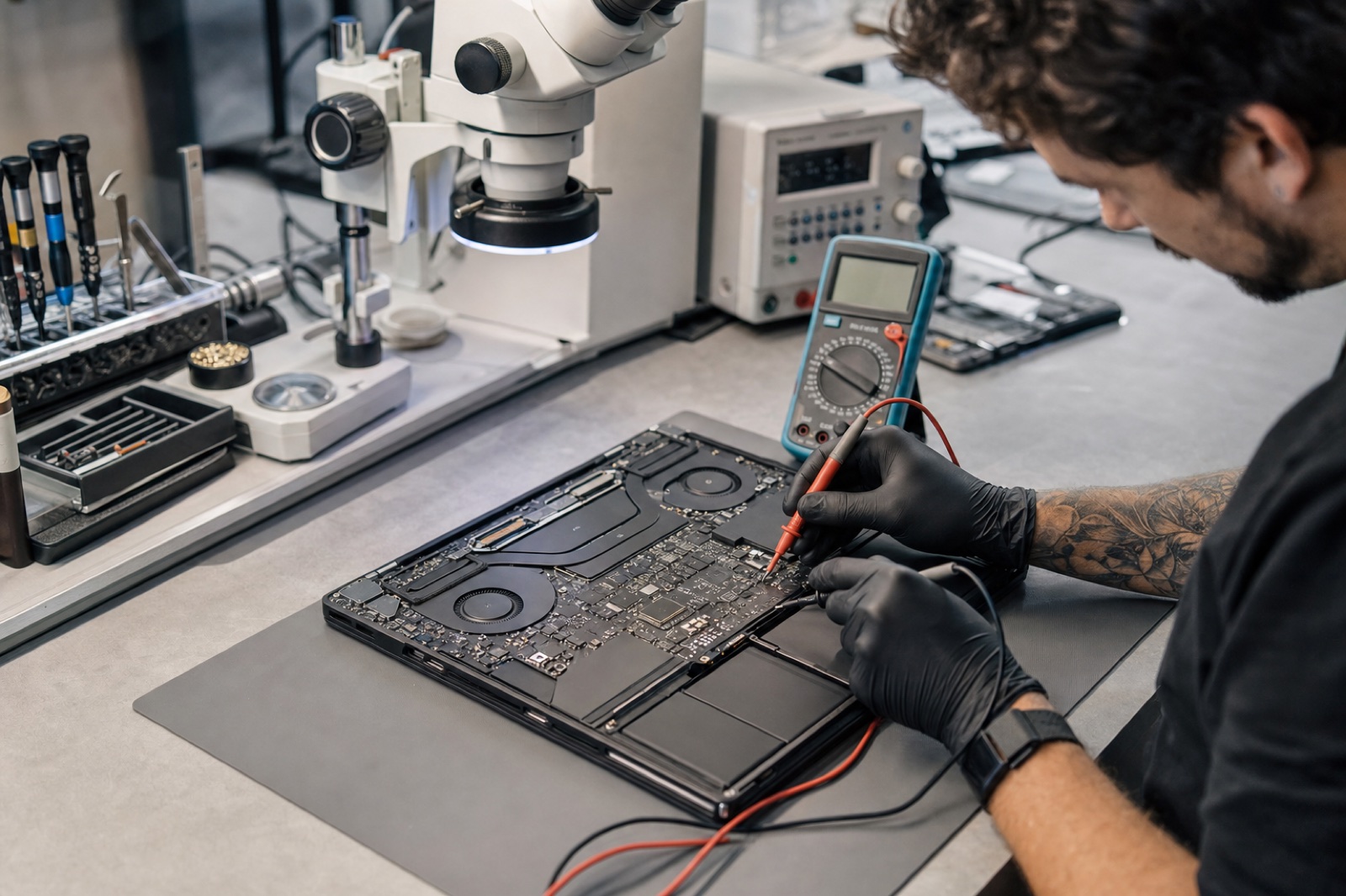 Technician diagnosing a current MacBook Pro logic board with a digital multimeter