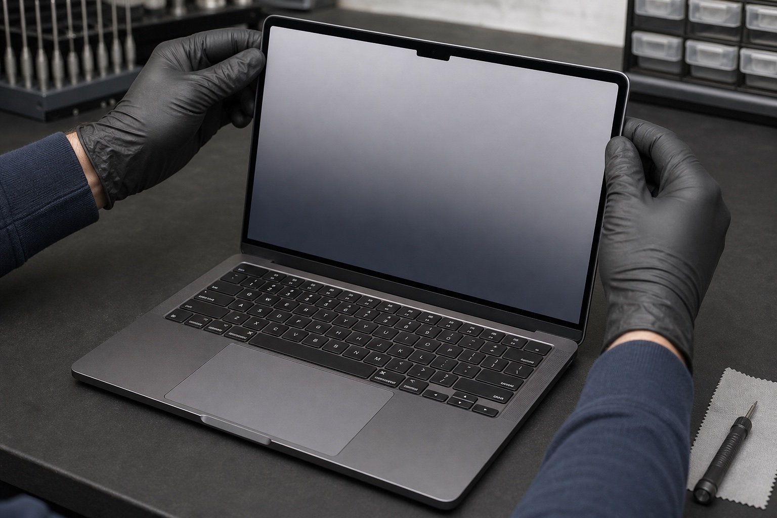 Technician checking hinge alignment and display movement after MacBook Pro screen replacement
