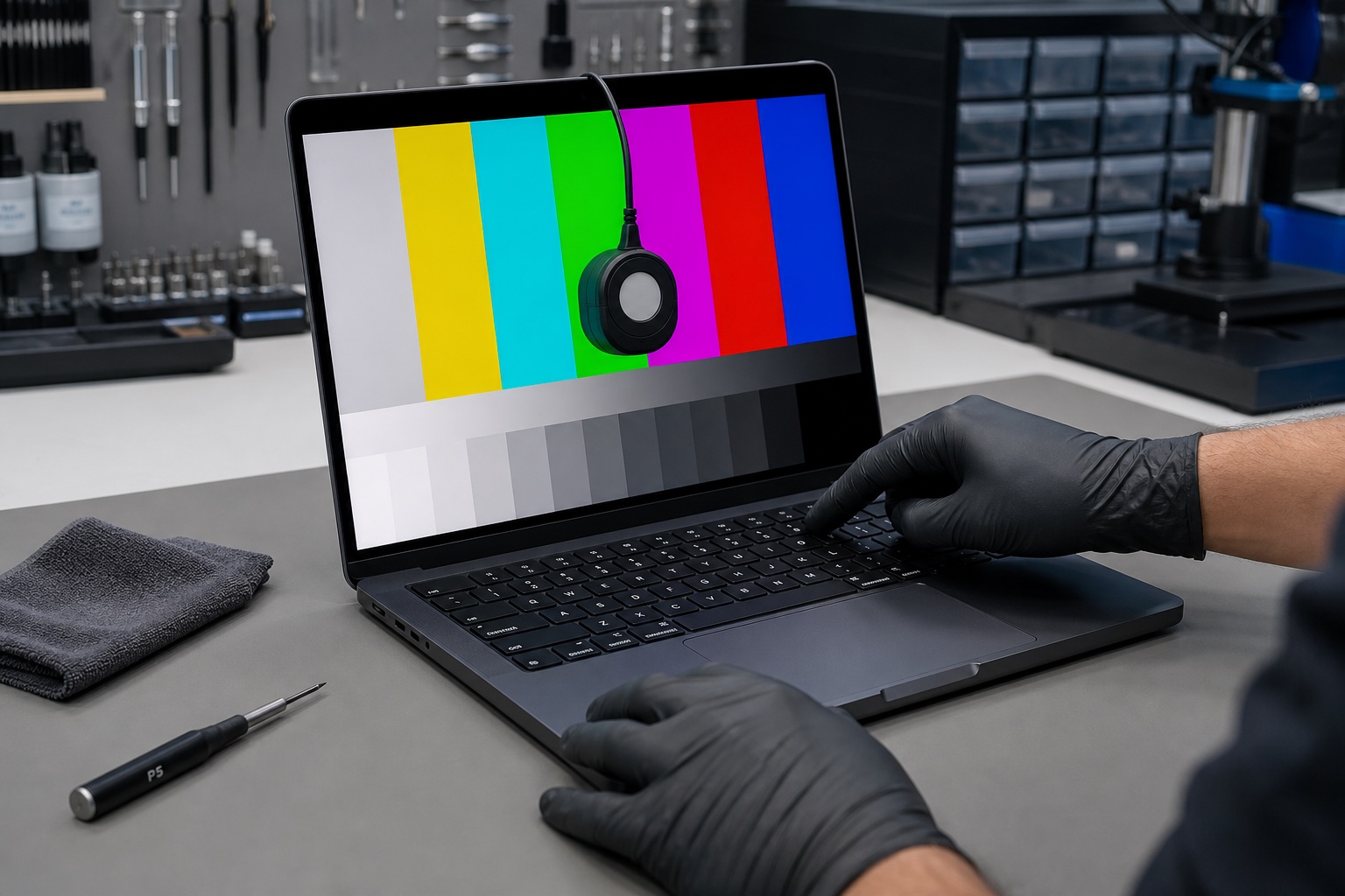 Completed MacBook Pro display replacement undergoing colour brightness and grayscale testing