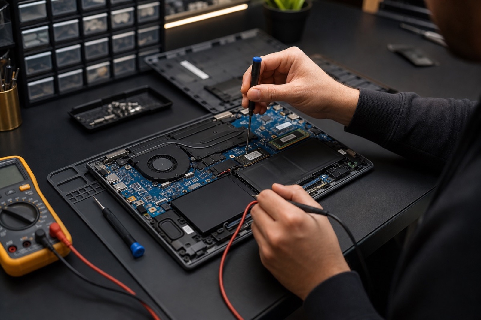 Technician diagnosing a Windows laptop motherboard from the underside with a multimeter