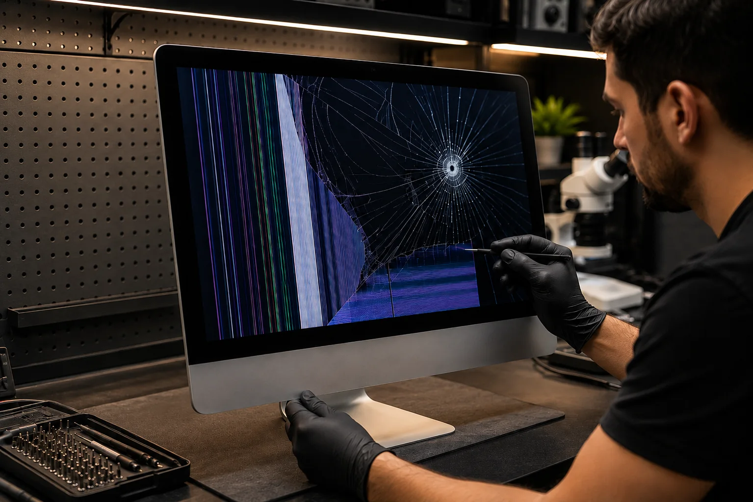 Technician assessing a cracked iMac display with LCD damage