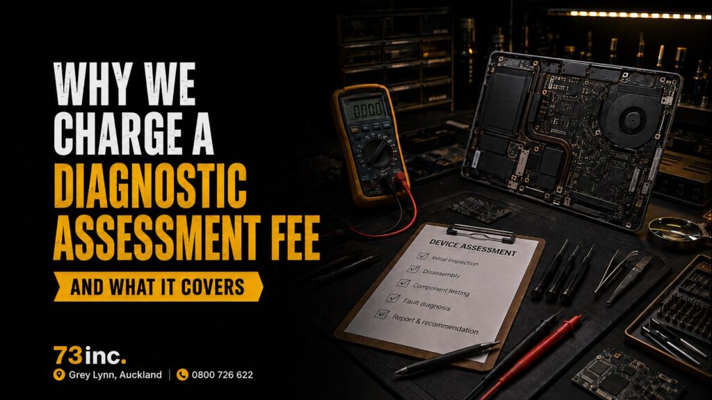 Why We Charge a Diagnostic Assessment Fee — and What It Covers 1 73inc technician using a multimeter to diagnose a laptop logic board fault, Auckland repair bench