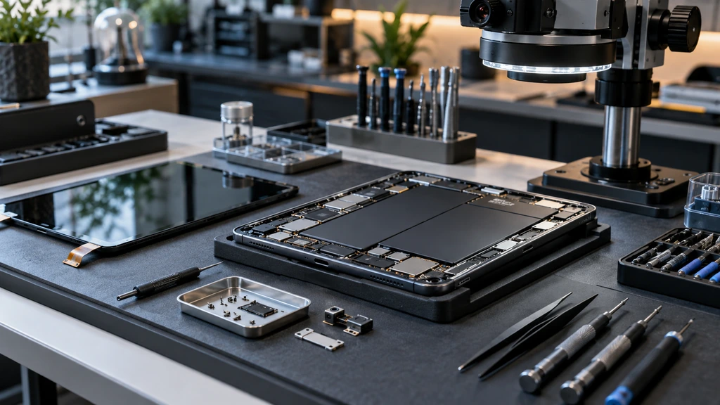 Tablet Repair Mistakes to Avoid Before Assessment 1 Tablet on a repair bench with precision tools and microscope.